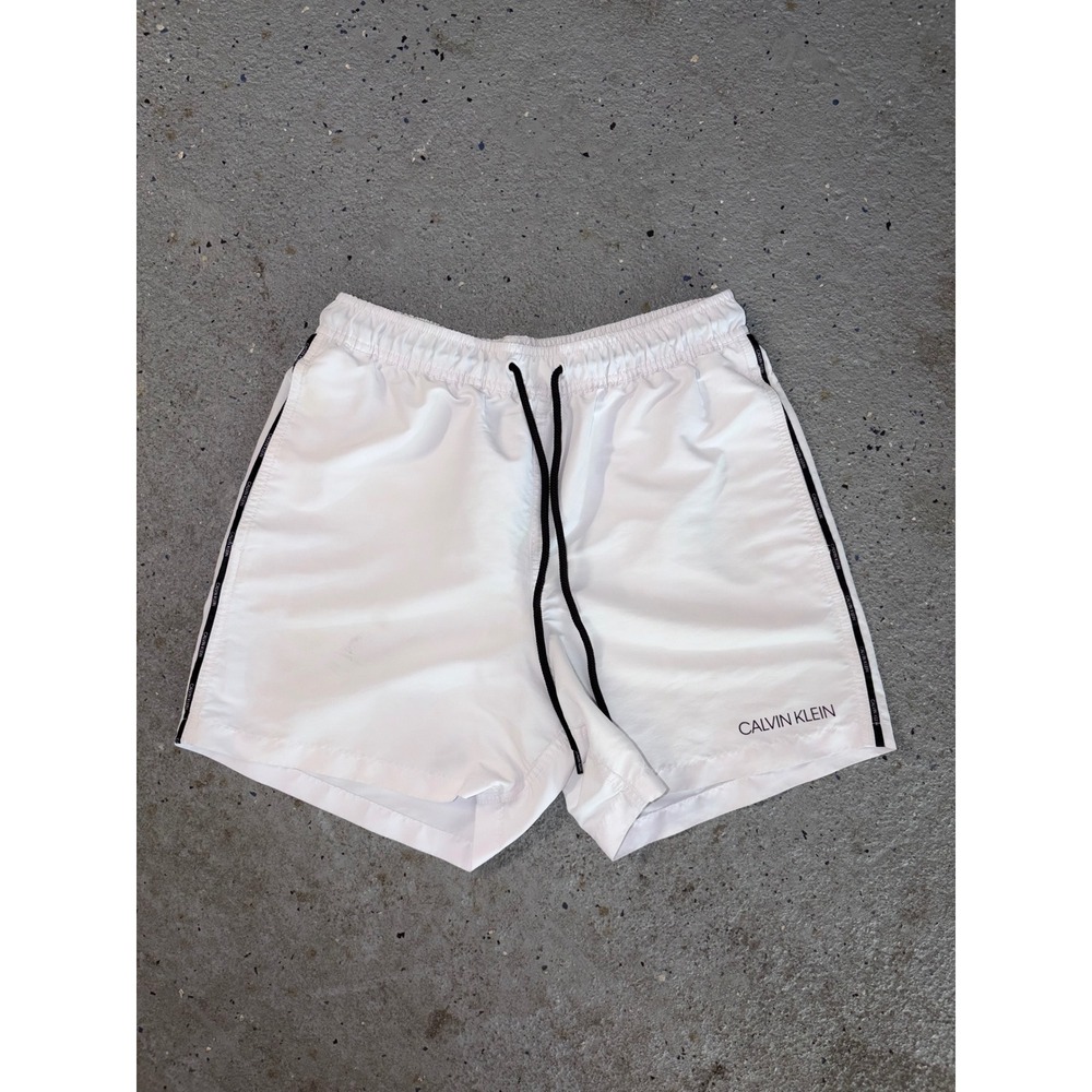 Calvin Klein Mens White Swim Trunks Logo‎ Tape Side Stripe Drawstring Shorts